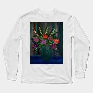 abstract roses and mixed flowers in metallic blue vase Long Sleeve T-Shirt